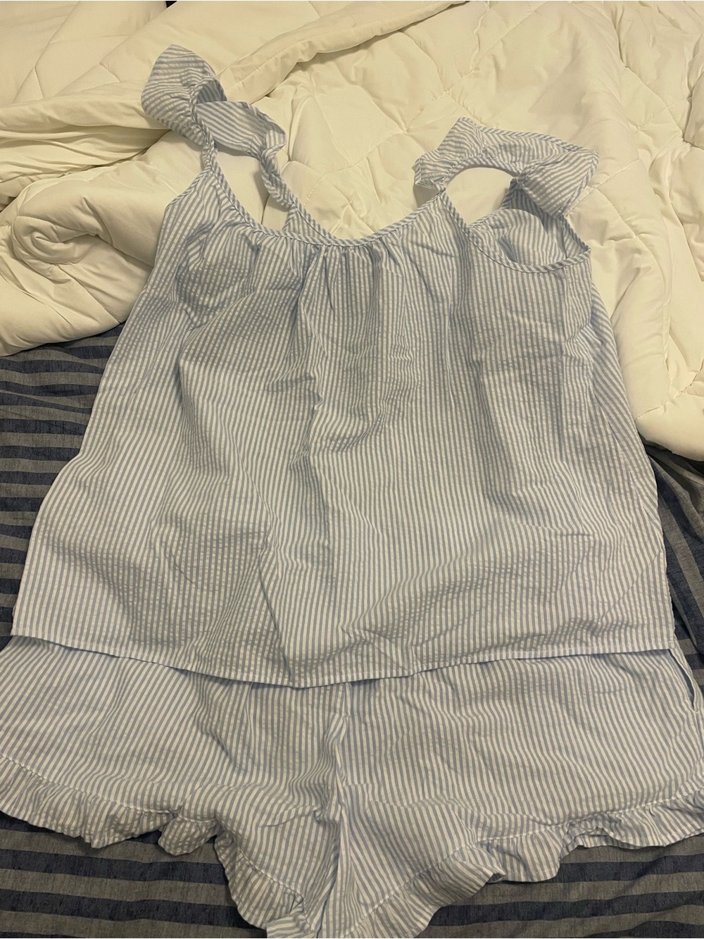 Seersucker Light Blue Stripe Women's Pajama Set - Sleeveless Top & Shorts